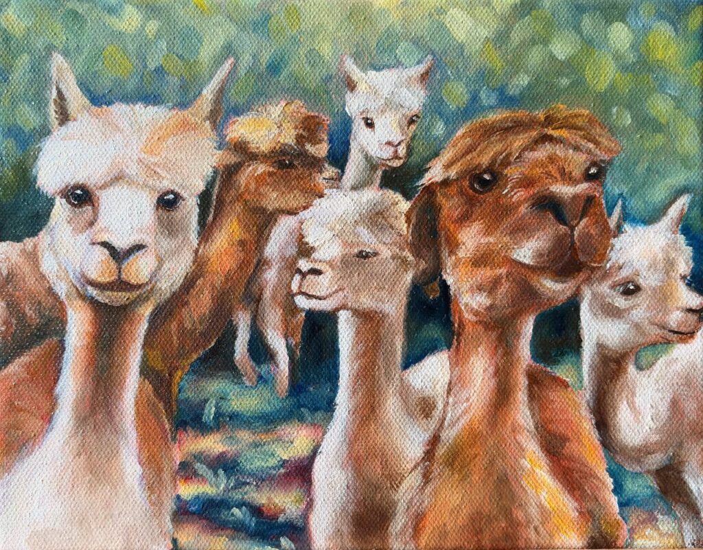 alpacas, oil painting, cute animal painting