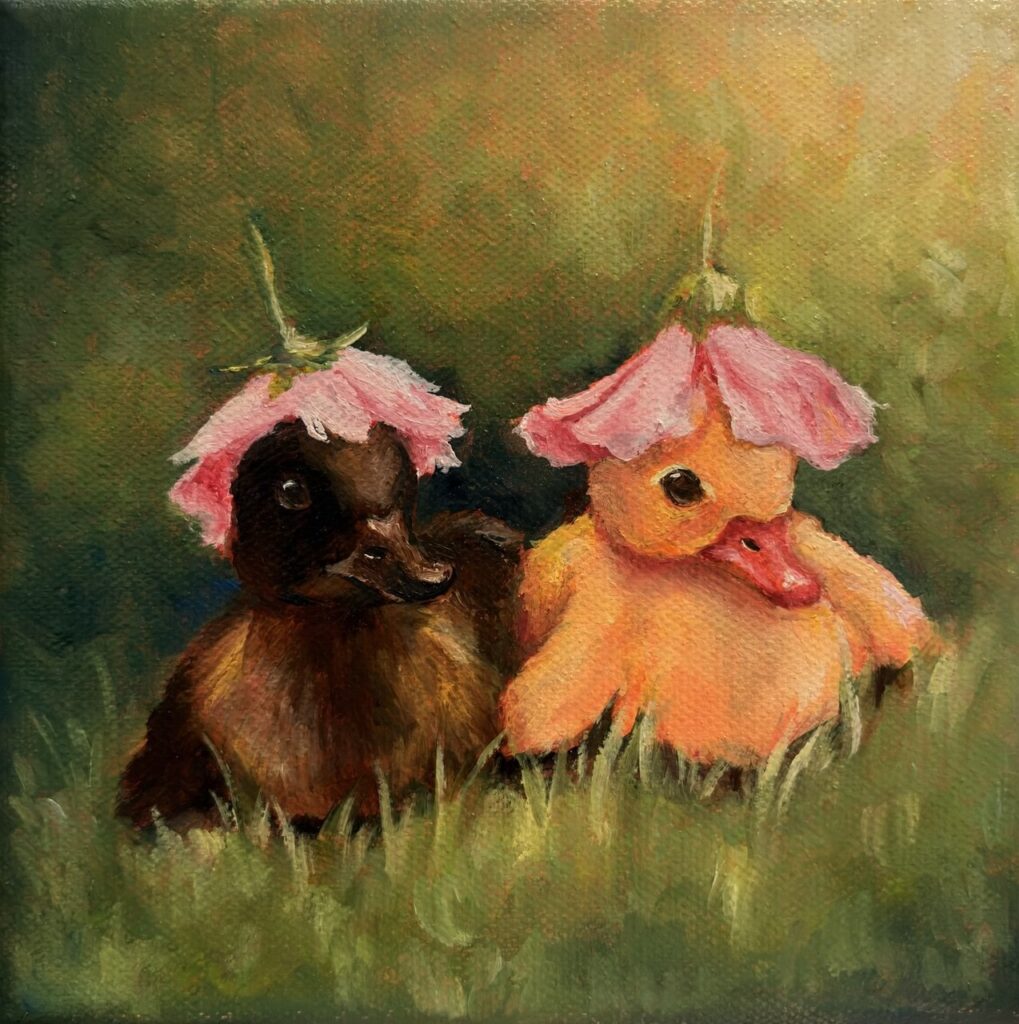 ducks with flowers, original oil painting, cute ducks, flower ducks